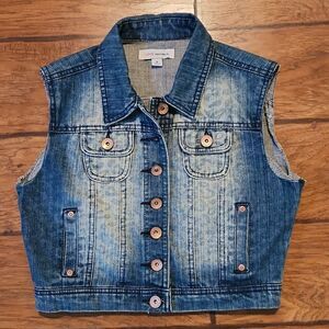 Love Republic Juniors Medium denim jeans vest with animal print